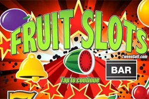 Färgglatt logotyp med texten FRUIT SLOTS, omgiven av fruktsymboler, stjärnor, en klocka och ett BAR-tecken