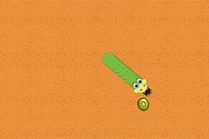 En grön tecknad orm med ögon och ett öppet gap rör sig mot en kiwi på en orange bakgrund