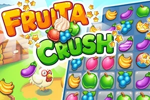 Färgglad spelskärm med fruktsymboler, en tecknad höna och texten Fruita Crush