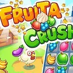 Färgglad spelskärm med fruktsymboler, en tecknad höna och texten Fruita Crush