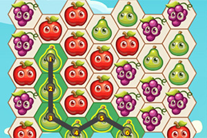 Tecknad bild av ett hexagonalt rutnät med fruktikoner, inklusive äpplen, päron och vindruvor, med en linje som kopplar ihop ikonerna