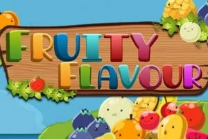 Färgglada bokstäver som formar orden FRUITY FLAVOUR på en träsymbol omgiven av tecknade frukter och bär