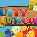 Färgglada bokstäver som formar orden FRUITY FLAVOUR på en träsymbol omgiven av tecknade frukter och bär