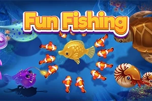 Färgglada tecknade fiskar och en guldfisk i en cirkel på en blå undervattensbakgrund med texten Fun Fishing ovanför