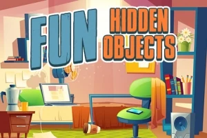 Tecknad bild av ett stökigt rum med olika föremål utspridda och texten Fun Hidden Objects