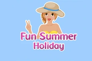Kvinna med solhatt och gul bikini mot blå bakgrund med texten Fun Summer Holiday