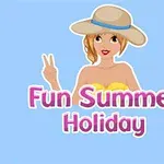 Kvinna med solhatt och gul bikini mot blå bakgrund med texten Fun Summer Holiday
