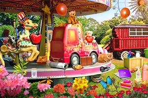 Karusell med djur och leksaker, omgiven av blommor och ballonger i en färgglad park