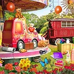 Karusell med djur och leksaker, omgiven av blommor och ballonger i en färgglad park