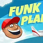 Tecknad bild med en glad man i röd keps, ett rött och vitt flygplan, och texten FUNK PLANE mot en blå himmel med moln