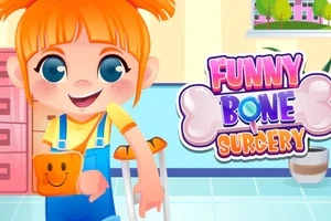 En tecknad flicka med orange hår och blå kläder ler och står med krycka i ett färgglatt rum, med en titeltext bredvid