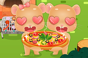 Två animerade djur med hjärtögon håller en nygräddad pizza utomhus