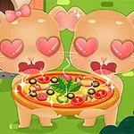 Två animerade djur med hjärtögon håller en nygräddad pizza utomhus