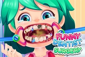 En tecknad figur med grönt hår och stora ögon sitter i en tandläkarstol med en munöppnare som visar tänderna, omgiven av tårar och texten Funny Dentist Surgery
