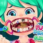 En tecknad figur med grönt hår och stora ögon sitter i en tandläkarstol med en munöppnare som visar tänderna, omgiven av tårar och texten Funny Dentist Surgery