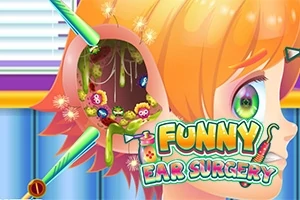 En tecknad bild av ett leende ansikte med ett öppnat öra som innehåller färgglada bakterier och verktyg, med texten FUNNY EAR SURGERY i förgrunden