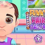 En tecknad karaktär med ett roligt ansiktsuttryck och fläckvis hår står i en färgglad frisersalong med texten Funny Hair Salon