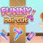 Tecknad flicka med brunt hår och lila topp står bredvid orden Funny Haircut och frisörverktyg