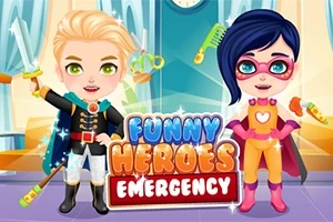 Två tecknade superhjältar i färgglada kostymer står framför en ljus bakgrund med texten Funny Heroes Emergency i mitten
