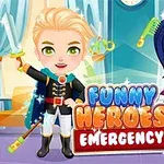 Två tecknade superhjältar i färgglada kostymer står framför en ljus bakgrund med texten Funny Heroes Emergency i mitten