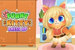 Tecknad katt med stora blå ögon klädd i en brun och vit outfit står bredvid en garderob med texten Funny Kitty Dress Up
