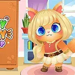 Tecknad katt med stora blå ögon klädd i en brun och vit outfit står bredvid en garderob med texten Funny Kitty Dress Up