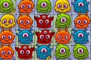 Färgglada, tecknade monster i rader på ett rutnät med olika ansiktsuttryck