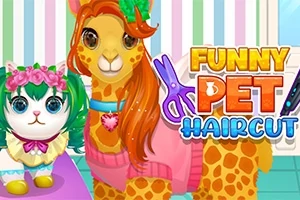 Två färgglada djur, en katt med blommor och en giraff med kläder, framför en randig bakgrund med texten Funny Pet Haircut