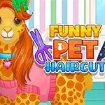 Två färgglada djur, en katt med blommor och en giraff med kläder, framför en randig bakgrund med texten Funny Pet Haircut