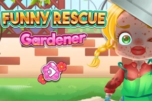 Tecknad flicka med flätat hår, trädgårdskläder och ett skärsår på ansiktet framför en tegelvägg med texten Funny Rescue Gardener