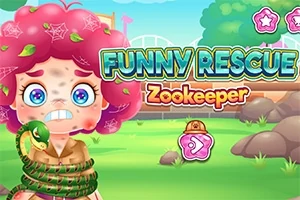 En tecknad bild av en person med rött lockigt hår täckt av spindelväv, ormen runt halsen, och texten Funny Rescue Zookeeper i bakgrunden