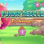 En tecknad bild av en person med rött lockigt hår täckt av spindelväv, ormen runt halsen, och texten Funny Rescue Zookeeper i bakgrunden