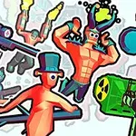 Färgglada tecknade figurer med olika vapen och kostymer i en actionfylld scen