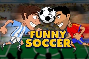 Två tecknade fotbollsspelare, en i blåvit tröja och en i röd tröja, nickar mot en fotboll med texten FUNNY SOCCER i förgrunden