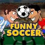 Två tecknade fotbollsspelare, en i blåvit tröja och en i röd tröja, nickar mot en fotboll med texten FUNNY SOCCER i förgrunden