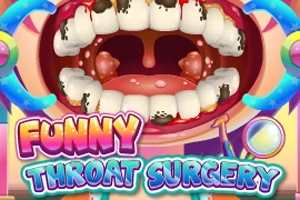 Ett tecknat munhålebild med inflammerade halsmandlar och smutsiga tänder samt texten Funny Throat Surgery