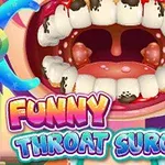 Ett tecknat munhålebild med inflammerade halsmandlar och smutsiga tänder samt texten Funny Throat Surgery