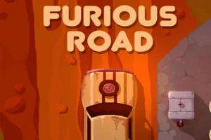 Illustration av en bil på en väg i en ökenmiljö med texten Furious Road ovanför