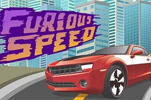 Röd bil med distinkta hjuldäck på en väg framför en stadssilhuett med texten Furious Speed i lila och gul