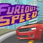 Röd bil med distinkta hjuldäck på en väg framför en stadssilhuett med texten Furious Speed i lila och gul