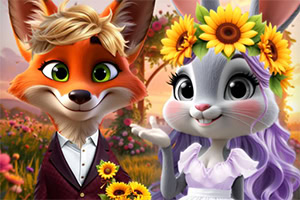 Anthropomorf räv och kanin klädda i formella kläder och blomsterkransar i en pittoresk, blommande ängsmiljö