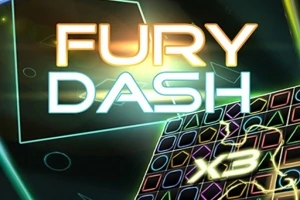 Texten Fury Dash i neonfärger på en mörk bakgrund med geometriska former och ett rutnät av färgglada mönster