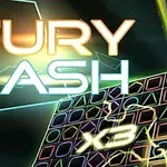 Texten Fury Dash i neonfärger på en mörk bakgrund med geometriska former och ett rutnät av färgglada mönster