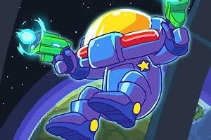 Tecknad figur i rymddräkt svävande i rymden med grönt ljussvärd, synlig planet i bakgrunden