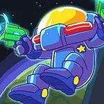 Tecknad figur i rymddräkt svävande i rymden med grönt ljussvärd, synlig planet i bakgrunden