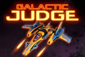 Ett futuristic rymdskepp i full fart med eldstrålar bakom sig, med texten Galactic Judge ovanför mot en mörk bakgrund