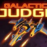 Ett futuristic rymdskepp i full fart med eldstrålar bakom sig, med texten Galactic Judge ovanför mot en mörk bakgrund