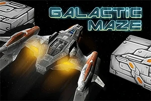 Ett futuristiskt rymdskepp med lysande motorer flyger mellan stora, rektangulära metallblock med texten Galactic Maze i bakgrunden