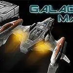 Ett futuristiskt rymdskepp med lysande motorer flyger mellan stora, rektangulära metallblock med texten Galactic Maze i bakgrunden