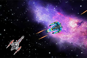 Två rymdskepp i färgglad design flyger genom en stjärnfylld galax med en ljus nebulosa i bakgrunden